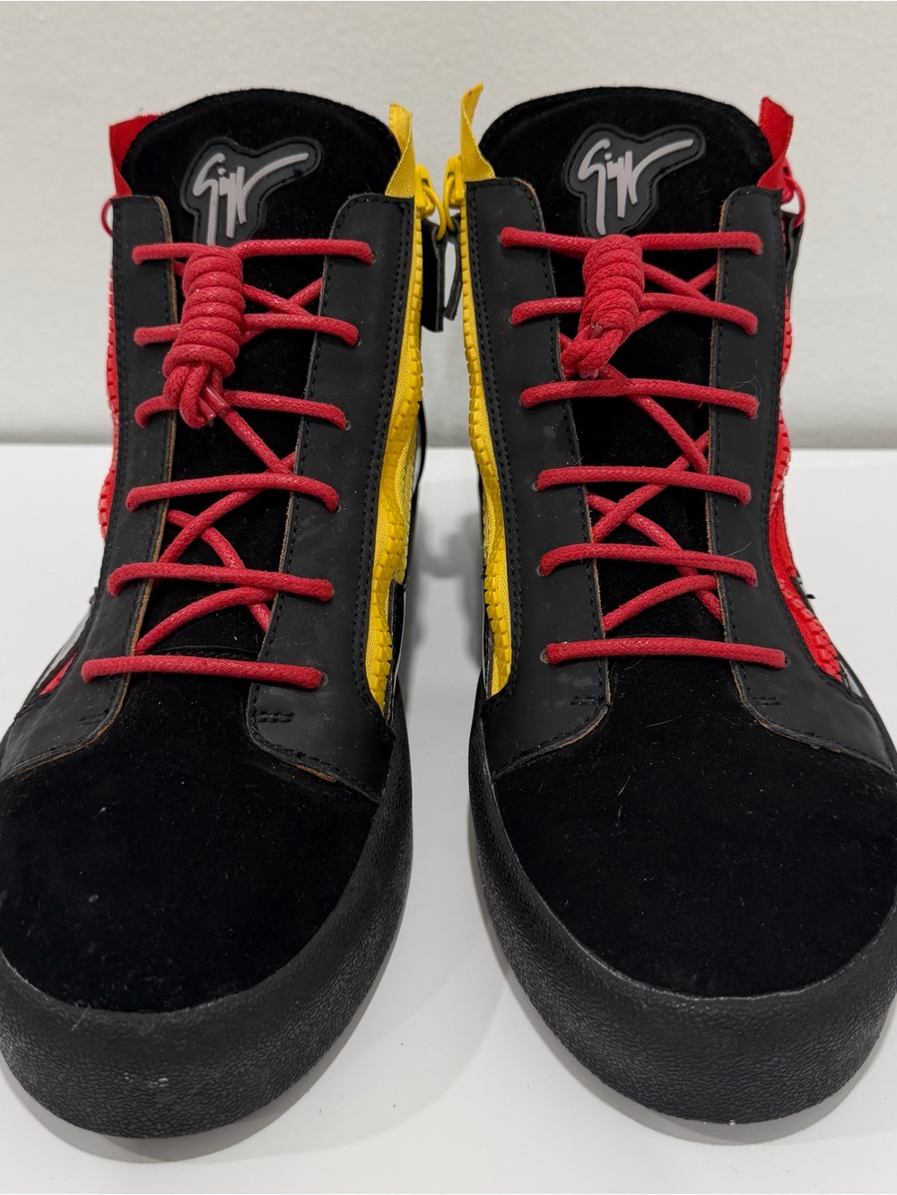 Giuseppe Zanotti Black High-Top Sneakers with Red Laces and Yellow Panels